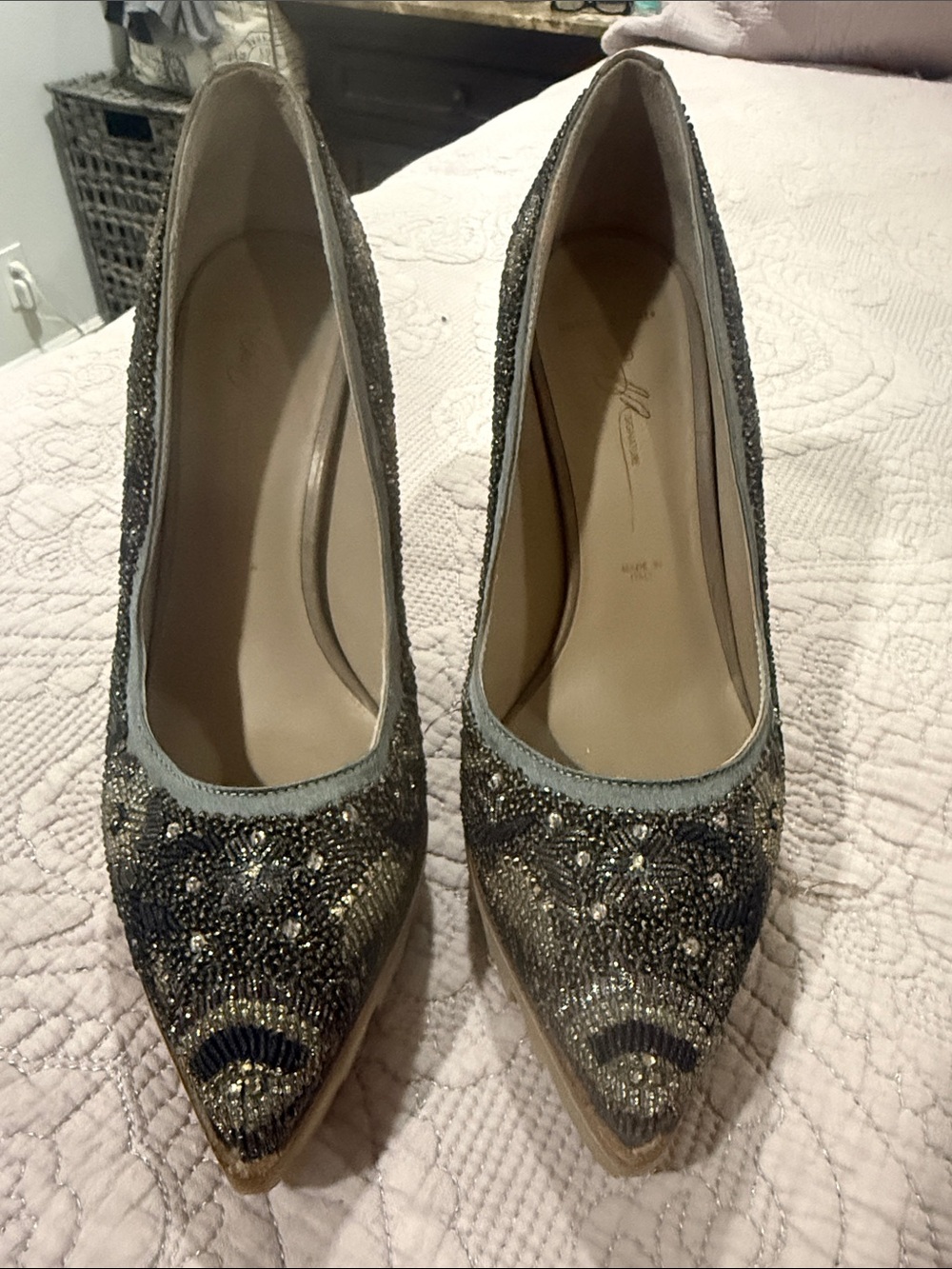 Embellished Pointed-Toe Women's Pumps in Metallic Gray